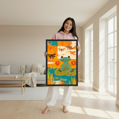 Collage Frog Canvas Wall Art held by a woman wearing pink in a bright room.
