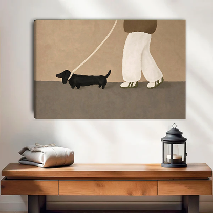 Dachshund Stroll Canvas Wall Art unframed above a wood console with linen and a lantern.