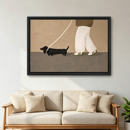 Dachshund Stroll Canvas Wall Art framed above a cream sofa with wooden arms.