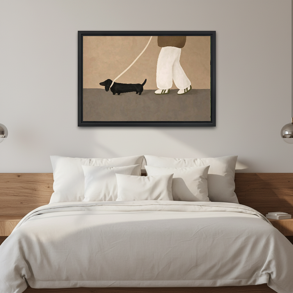 Dachshund Stroll Canvas Wall Art framed above white bedding and a warm wood headboard.