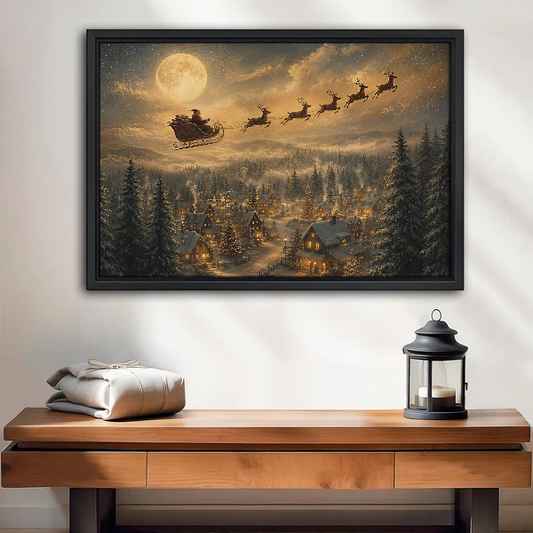 Santa Sleigh Canvas Wall Art framed above a wood console with linen and a lantern.