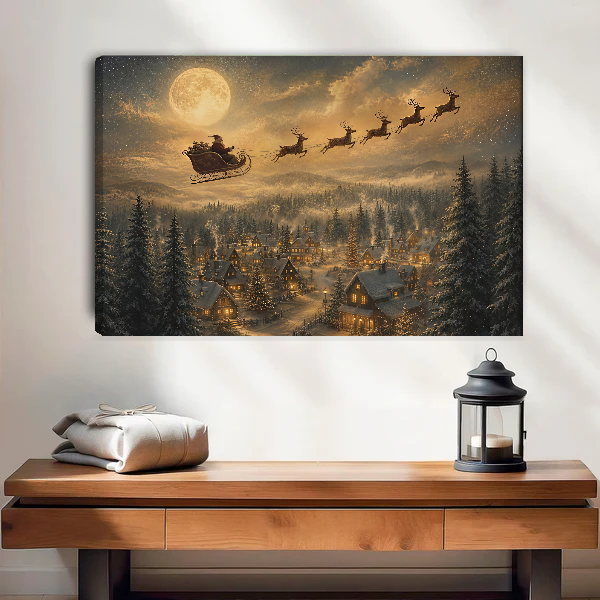 Santa Sleigh Canvas Wall Art unframed above a wood console with linen and a lantern.
