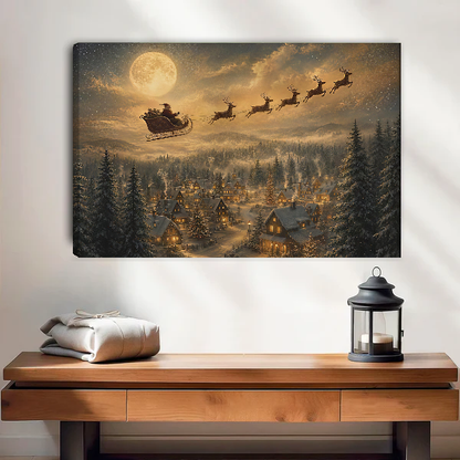 Santa Sleigh Canvas Wall Art unframed above a wood console with linen and a lantern.