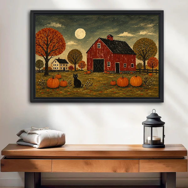 Red Barn Canvas Wall Art framed above a wood console with linen and a lantern.