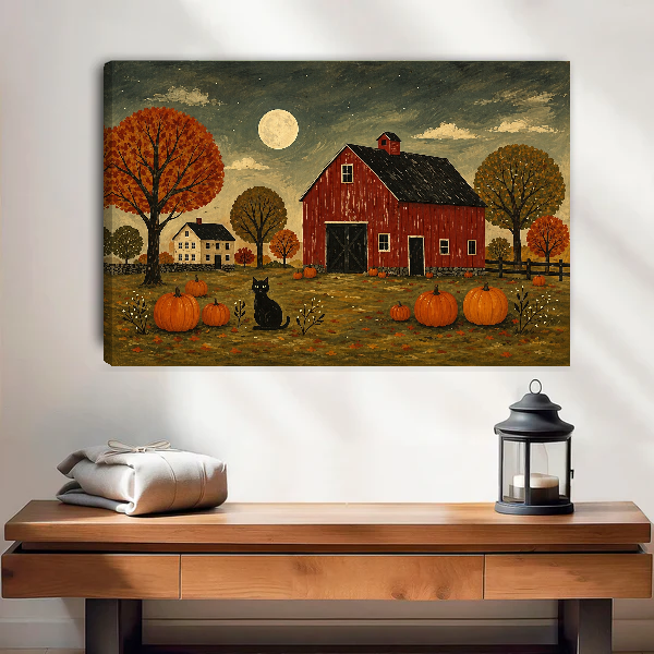 Red Barn Canvas Wall Art unframed above a wood console with linen and a lantern.
