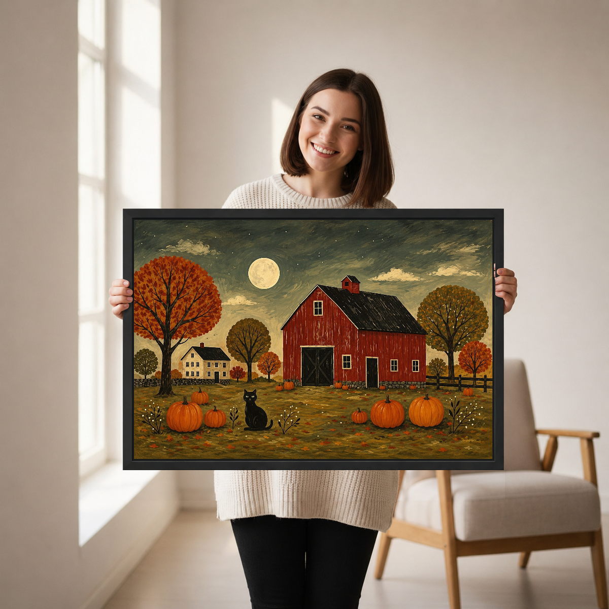 Red Barn Canvas Wall Art held in a black landscape frame by a standing woman.