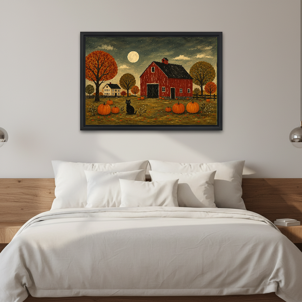 Red Barn Canvas Wall Art framed above white bedding and a warm wood headboard.