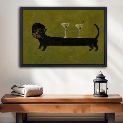 Cocktail Cat Canvas Wall Art framed above a wood console with linen and a lantern.