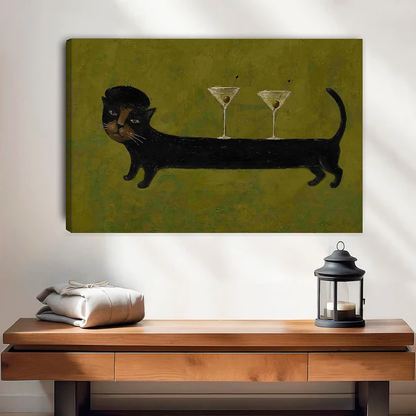 Cocktail Cat Canvas Wall Art unframed above a wood console with linen and a lantern.