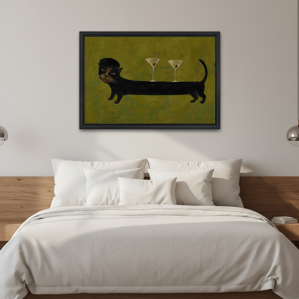 Cocktail Cat Canvas Wall Art framed above white bedding and a warm wood headboard.