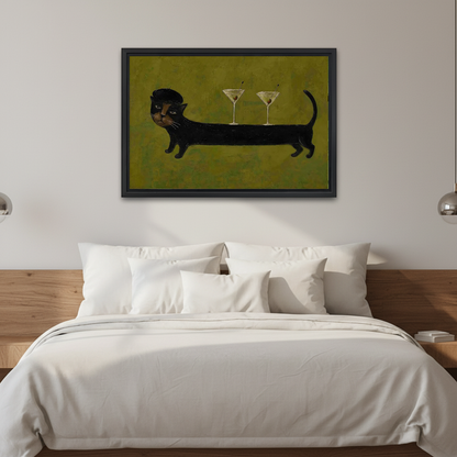 Cocktail Cat Canvas Wall Art framed above white bedding and a warm wood headboard.