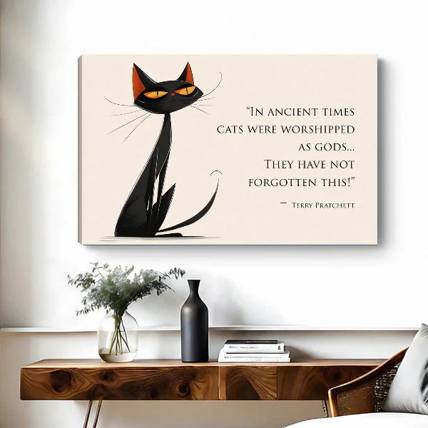 Cat Quote Canvas Wall Art unframed above a wooden console with simple vases.