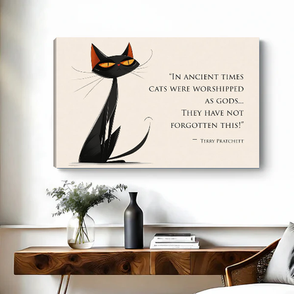Cat Quote Canvas Wall Art unframed above a wooden console with simple vases.