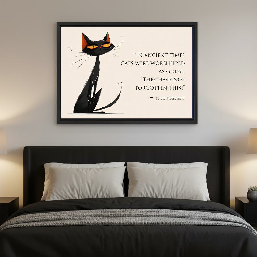 Cat Quote Canvas Wall Art framed above a charcoal bed with neutral pillows.