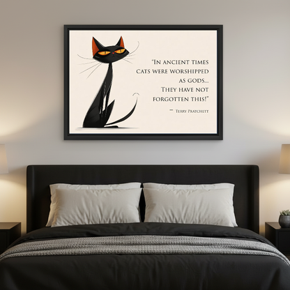 Cat Quote Canvas Wall Art framed above a charcoal bed with neutral pillows.