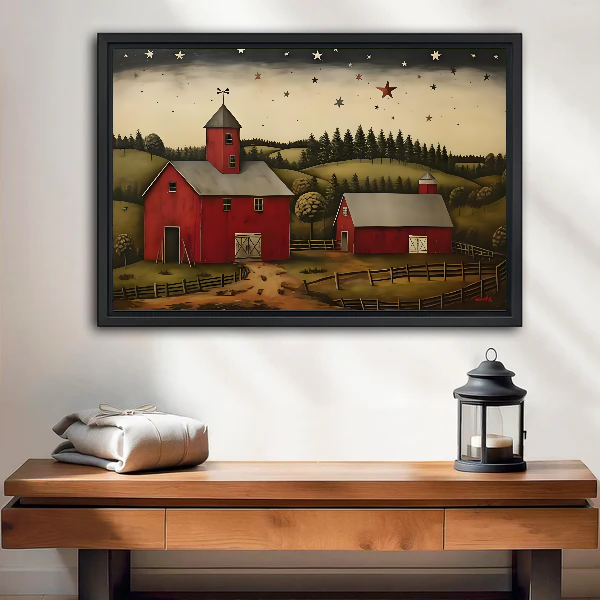Starry Barn Canvas Wall Art framed above a wood console with linen and a lantern.