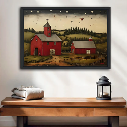 Starry Barn Canvas Wall Art framed above a wood console with linen and a lantern.