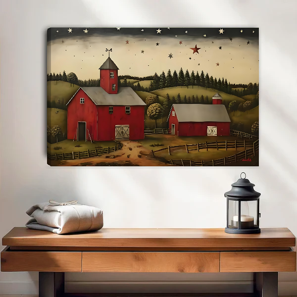 Starry Barn Canvas Wall Art unframed above a wood console with linen and a lantern.