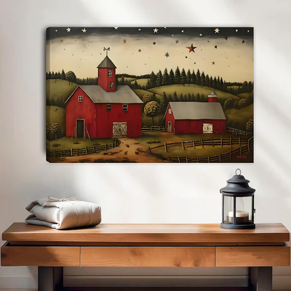 Starry Barn Canvas Wall Art unframed above a wood console with linen and a lantern.
