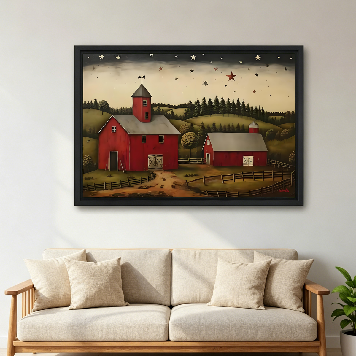 Starry Barn Canvas Wall Art framed above a cream sofa with wooden arms.