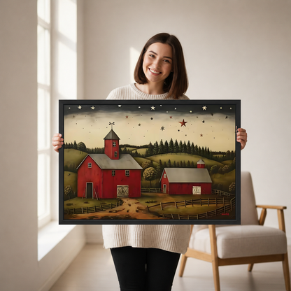 Starry Barn Canvas Wall Art held in a black landscape frame by a standing woman.