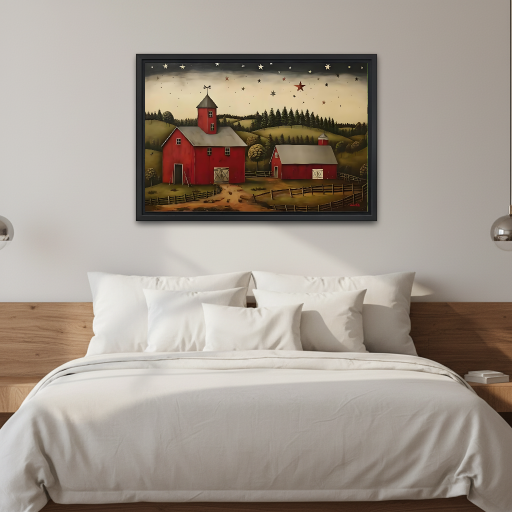 Starry Barn Canvas Wall Art framed above white bedding and a warm wood headboard.