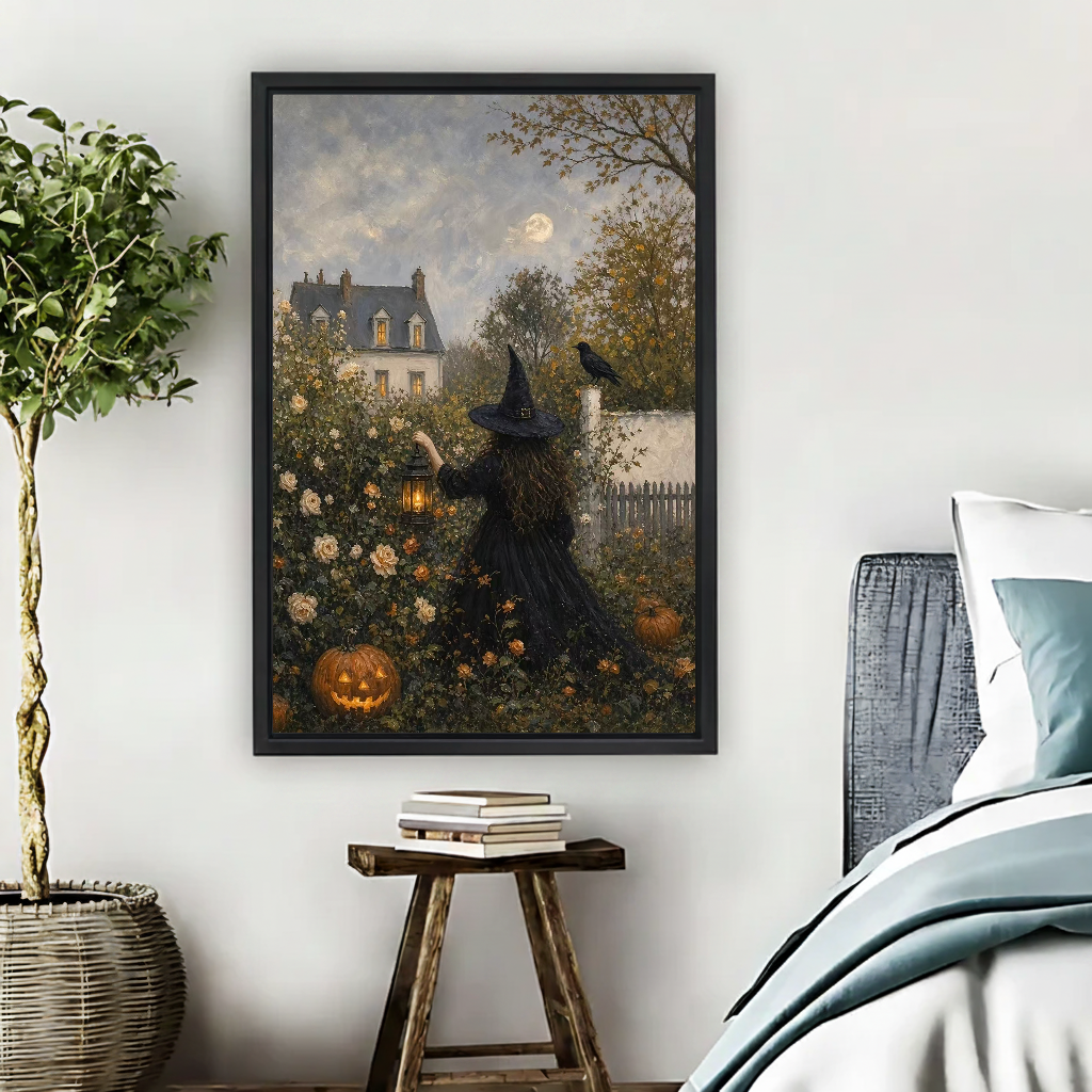 Garden Witch Canvas Wall Art framed beside blue bedding, a leafy plant, and books.