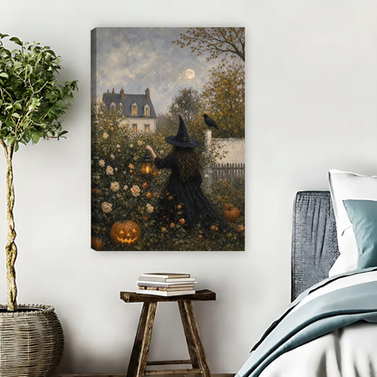 Garden Witch Canvas Wall Art unframed beside blue bedding and a leafy plant.