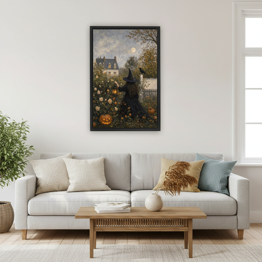 Garden Witch Canvas Wall Art framed above a pale gray sofa and wood table.