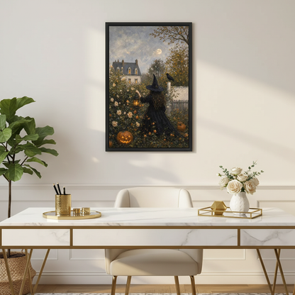 Garden Witch Canvas Wall Art framed above a white desk with flowers and a chair.