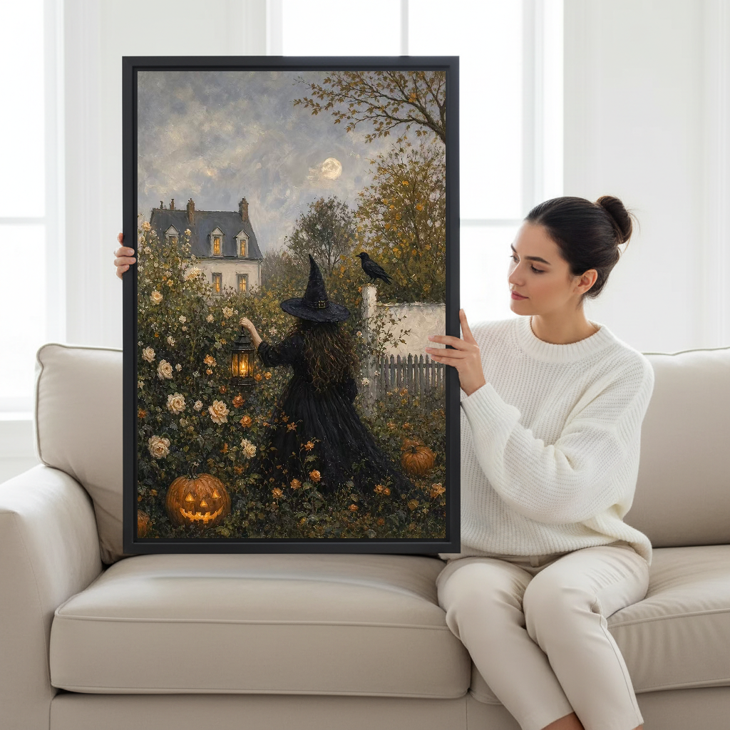 Garden Witch Canvas Wall Art held by a seated woman on a pale sofa.