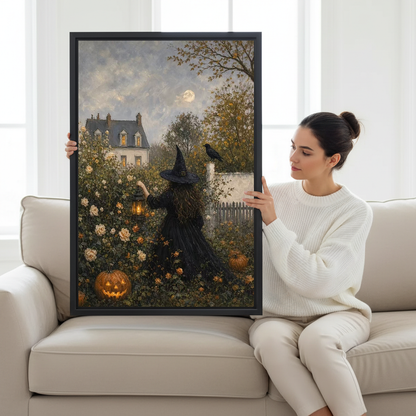 Garden Witch Canvas Wall Art held by a seated woman on a pale sofa.