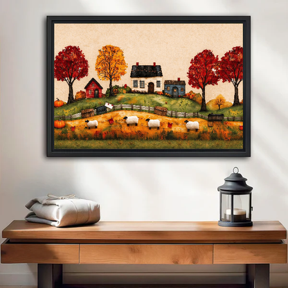 Harvest Farm Canvas Wall Art framed above a wood console with linen and a lantern.