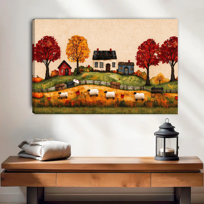 Harvest Farm Canvas Wall Art unframed above a wood console with linen and a lantern.
