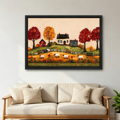 Harvest Farm Canvas Wall Art framed above a cream sofa with wooden arms.