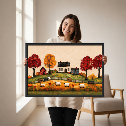 Harvest Farm Canvas Wall Art held in a black landscape frame by a standing woman.