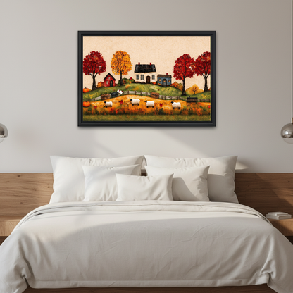 Harvest Farm Canvas Wall Art framed above white bedding and a warm wood headboard.