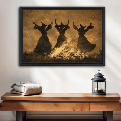 Dancing Witch Rabbits Canvas Wall Art framed above a wood console with linen and a lantern.