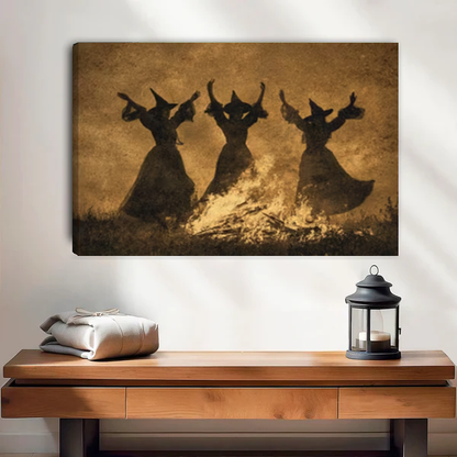 Dancing Witch Rabbits Canvas Wall Art unframed above a wood console with linen and a lantern.