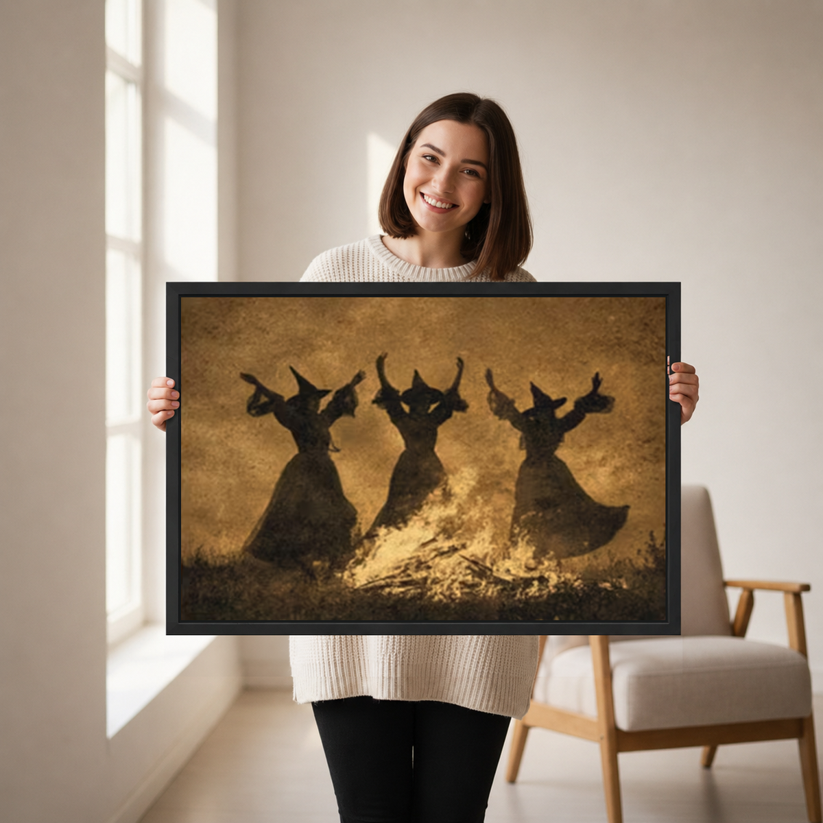 Dancing Witch Rabbits Canvas Wall Art held in a black landscape frame by a standing woman.