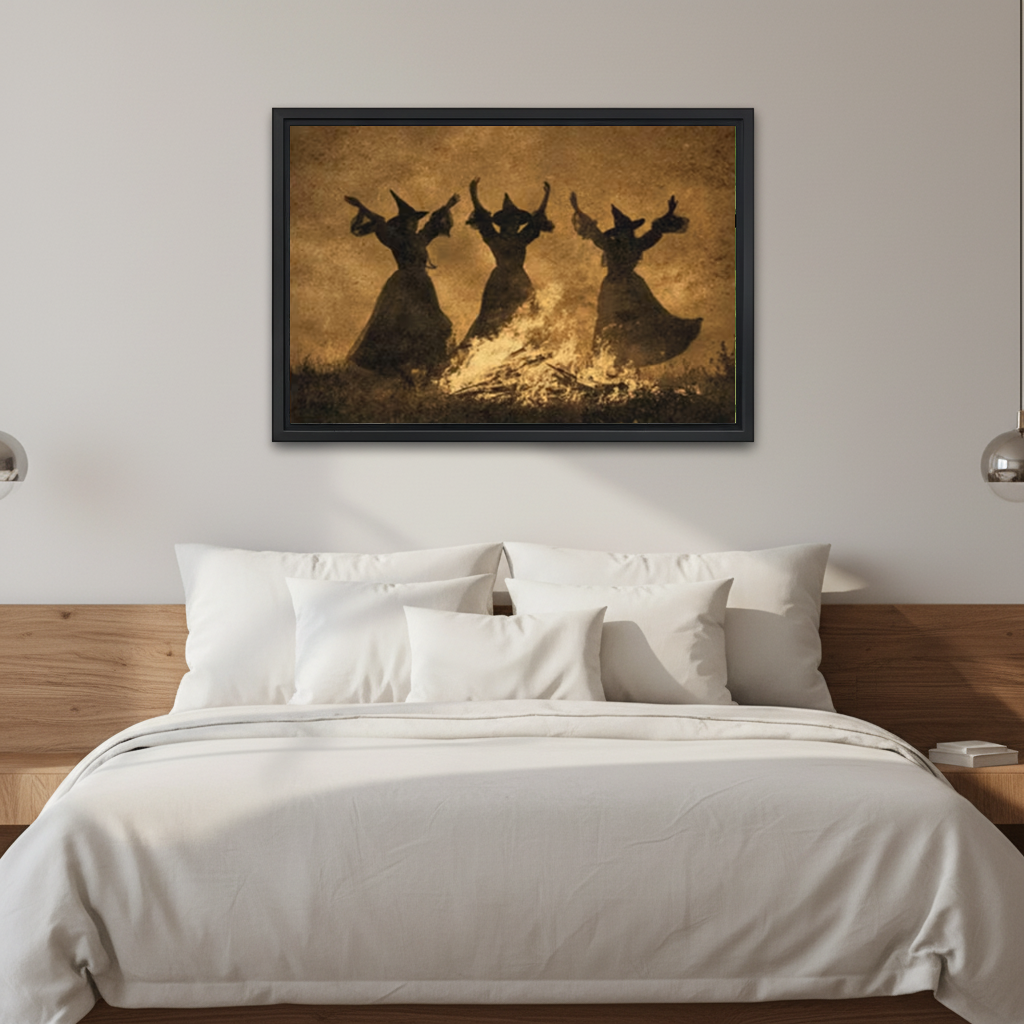 Dancing Witch Rabbits Canvas Wall Art framed above white bedding and a warm wood headboard.