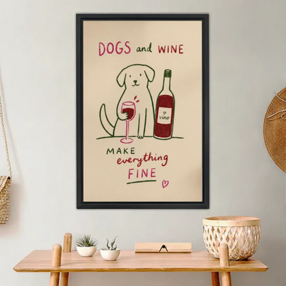 Dogs Wine Canvas Wall Art framed above a light wood console with cacti.