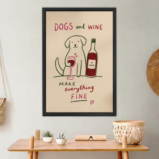 Dogs Wine Canvas Wall Art framed above a light wood console with cacti.