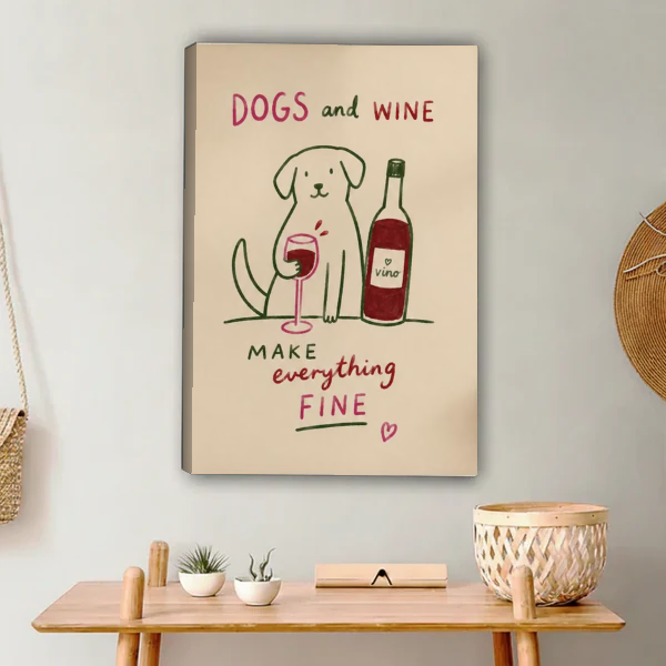 Dogs Wine Canvas Wall Art unframed above a light wood console and woven basket.