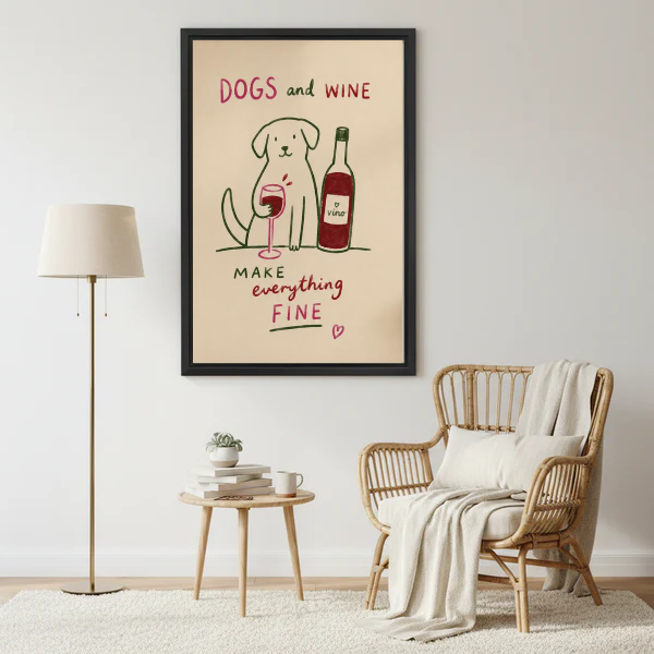 Dogs Wine Canvas Wall Art framed beside a wicker armchair with floor lamp.