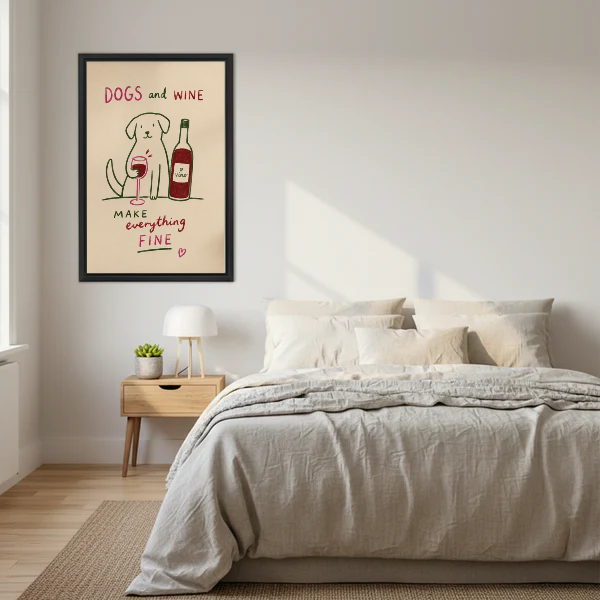 Dogs Wine Canvas Wall Art framed above a cream bed with wooden nightstands.
