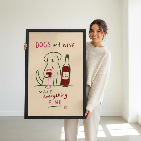 Dogs Wine Canvas Wall Art held in a black frame by a standing woman in white.