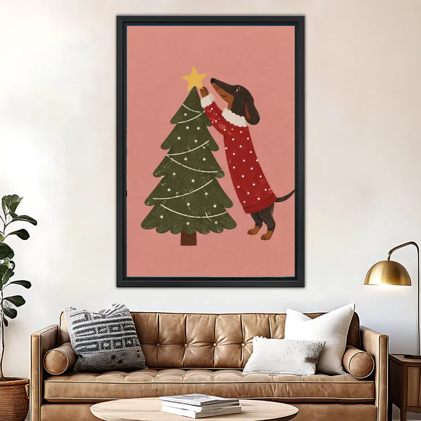 Festive Dachshund Canvas Wall Art framed above a leather sofa beside a brass lamp.