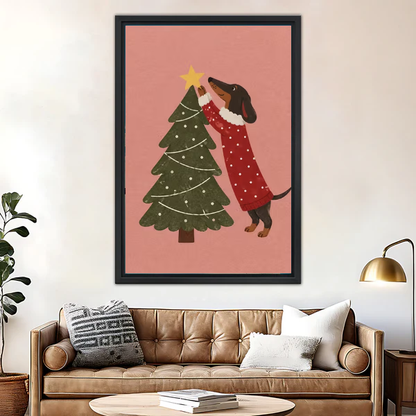 Festive Dachshund Canvas Wall Art framed above a leather sofa beside a brass lamp.