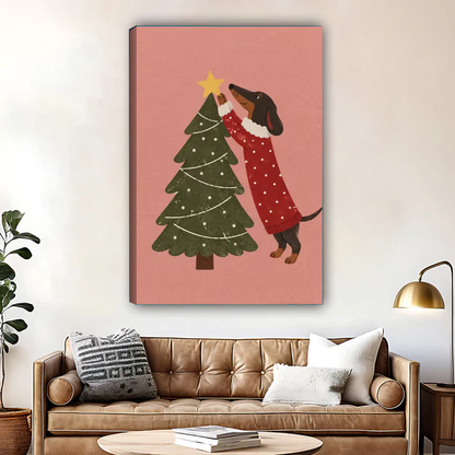 Festive Dachshund Canvas Wall Art unframed above a leather sofa and coffee table.